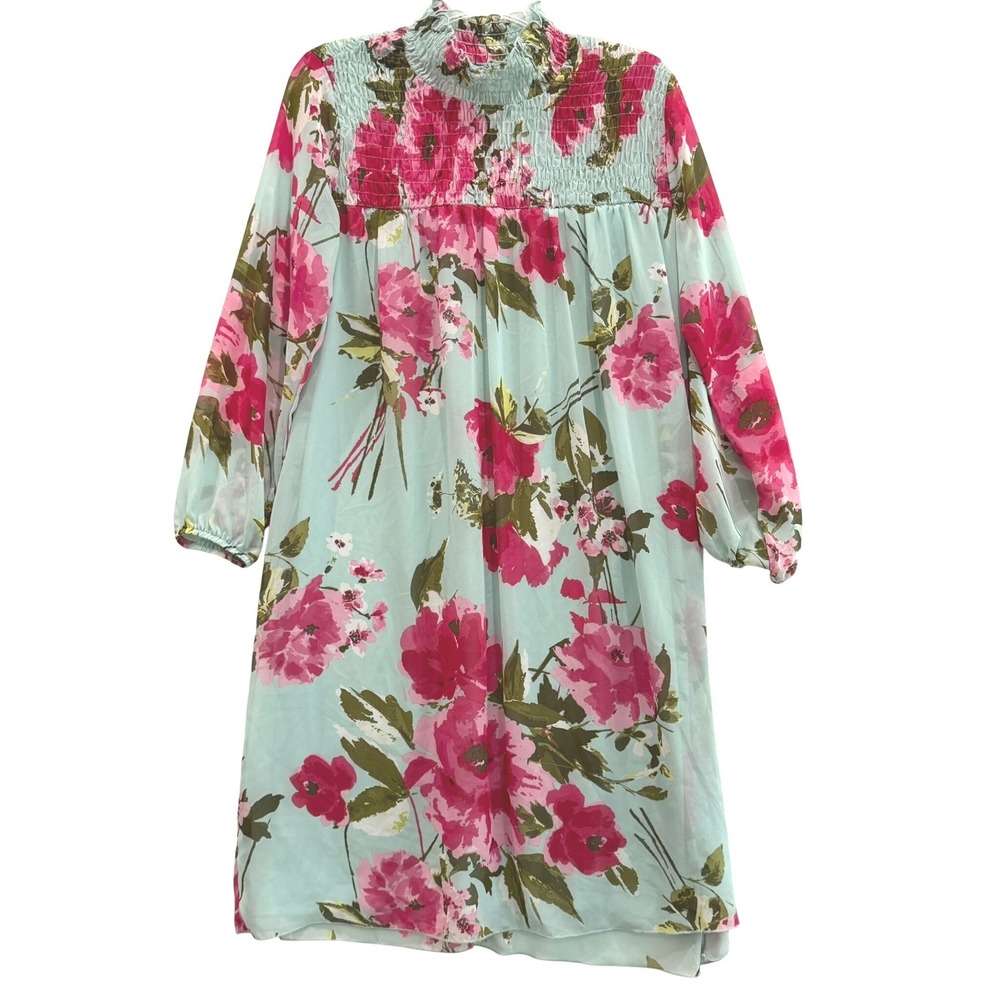 Stella & Julie Cottagecore Floral Smocked Mock Neck Dress Light Blue Pink Sz‎ 10